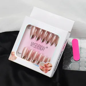 Pink press-on nail set with silver French tips including adhesive tabs and nail file
