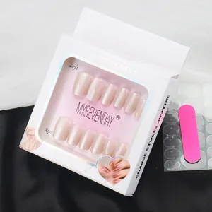Short nude press-on nail kit with adhesive glue tabs and pink mini nail file