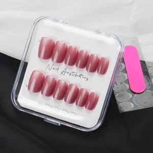 Press-on nail set in shimmering dusty rose with storage box, nail file, and adhesive tabs