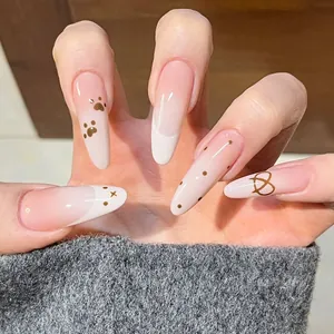 Long Almond Press On Nails Nude Pink French Ombre Gradient False Nails With Cat Paw Heart Polka Dot Pattern Hand Made Reusable Artificial Nails For Women Daily Party Manicure