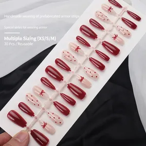 Red gradient cat eye press-on nails with 3D bows and 30 pieces reusable set
