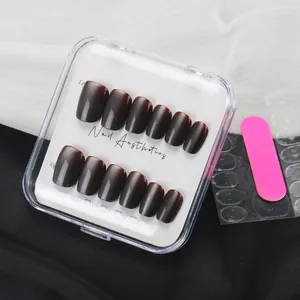 Detail of dark mahogany cat eye press-on nails set with adhesive tabs and file in a box