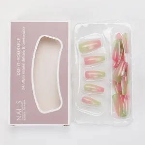 Detail view of pink and blue gradient cat eye press-on nails in lilac packaging box