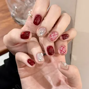 Wine Red Plaid Press On Nails With Artificial Pearl Rhinestone Decor Handmade Glossy Reusable Fake Nails For Women Daily Party Nail Art