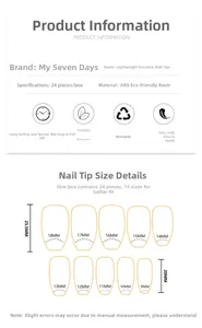 Size chart for 24pcs French leopard print press-on nails with width and length dimensions