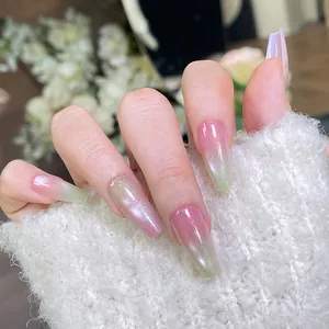 Pink Mint Gradient Cat Eye Press On Nails Coffin Fine Glitter Reusable Fake Nails French Style For Women Manicure Accessory