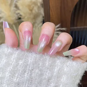 Pink and green gradient cat eye press-on nails in long coffin shape for women