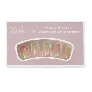 Pink and blue gradient cat eye press-on nails in long coffin shape with window box