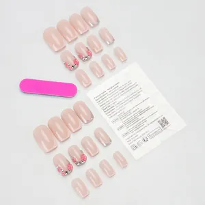 Set unghie finte French rosa con decorazioni floreali 3D, strass e kit di preparazione