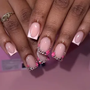 Unghie Finte Rosa Stile Francese Con Fiori 3D E Strass Eleganti Unghie Quadrate Per Donna Gioielli Per Manicure Dolce