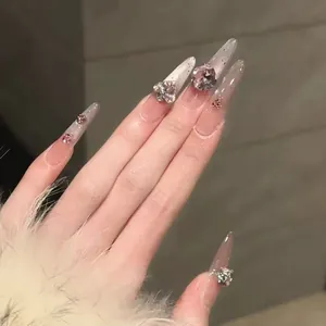Handmade Luxury Nude Pink Gradient Press On Nails Long Stiletto 3D Rhinestone Glitter Reusable Artificial Nails For Women