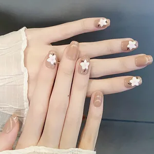 Uñas a Presión Hechas a Mano Rosa Nude Ojo de Gato Con Flor Blanca 3D Elegantes Cortas Forma Cuadrada Redonda Reutilizables para Mujer Manicura Diaria