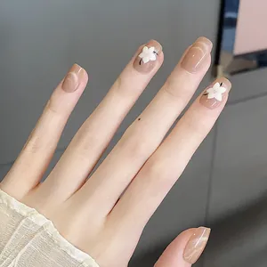 Uñas postizas hechas a mano rosa nude ojo de gato con flores 3D y forma cuadrada corta