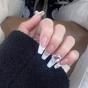 French White Tip Press On Nails Heart Rhinestone Nude Pink Long Coffin Artificial Nails For Women Luxury Nail Art Kit