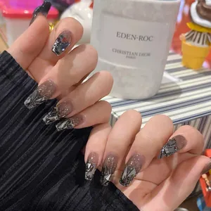 Dark gradient press-on nails with silver glitter and large grey crystal rhinestones
