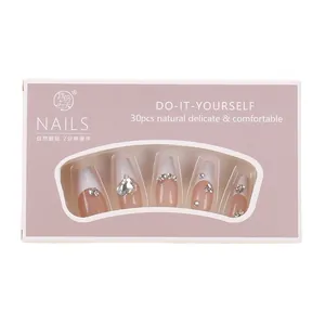 French tip press-on nails with white heart rhinestones and pink base, 30-piece DIY set