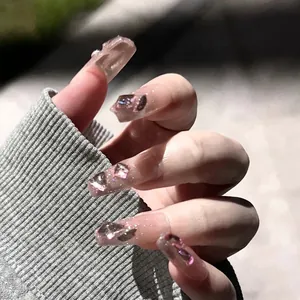 Handmade Press-on Nails ABS Resin Long Coffin Shape Rhinestone Faux Artificial Pearl Decor Professional Elegant Manicure For Women Fashionable Daily