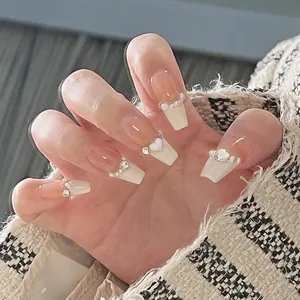 French medium-long trapezoid press-on nails with 3D hearts, pearls, and rhinestones