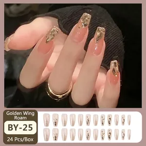 Champagne gold luxury press-on nails with glitter and rhinestones, 24 pcs set