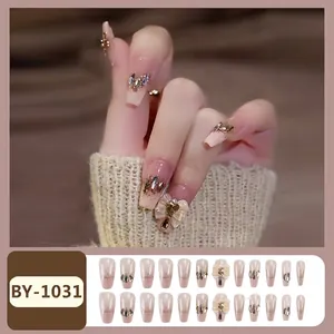 Pink gradient coffin press-on nails with glitter, 3D bows, and rhinestones, 24 pcs set