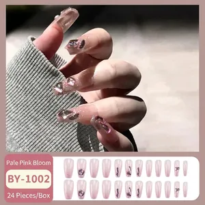 Pink gradient long trapezoid press-on nails with glitter and rhinestones, 24 Pcs/Box
