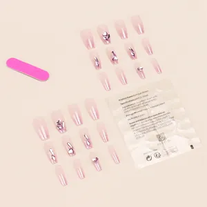 Pink glitter gradient press-on nails set with 3D heart rhinestones and tool kit