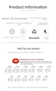 Size chart showing 24 pieces of ABS resin press-on toenails in 12 varied dimensions
