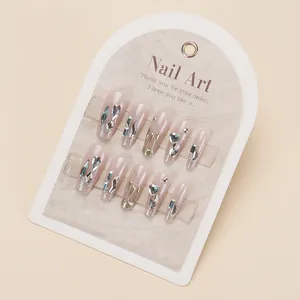 French style nude pink gradient press-on nails with sparkling rhinestones and glitter
