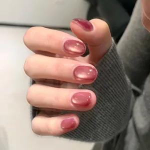 Rosa Katzenaugen Künstliche Nägel Kurz Rund Gradient Glitzer Falsche Nägel Mit Geleekleber ABS Harz Glänzendes Maniküre Set Damen