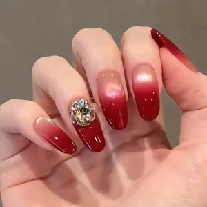 Handgemachte Burgunder-Farbverlauf Katzenauge Künstliche Fingernägel Zum Aufkleben Mit Luxus Strasssteinen Oval Fake Nails Für Damen Weihnachten Party