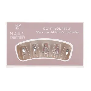 30pcs pink glitter gradient coffin press on nails with rhinestone accents and packaging