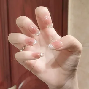 Pink gradient press-on nails with silver cat-eye French tips and square shape design