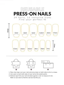 Size guide for reusable press-on nails showing 24 pieces in 12 various widths and lengths