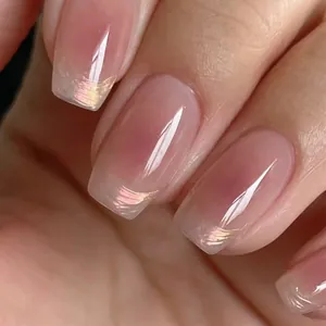 French Blush Gradient Press On Nails With 3D Butterfly Rhinestone Designs Short Ballerina False Nails For Women Daily Decor