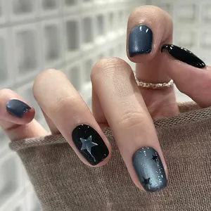 Kattenoog Plaknagers Kort Vierkant Sterpatroon Zwart Diepblauw Rood Dark Gothic Stijl 3D Strass Kunstnagels Voor Dames