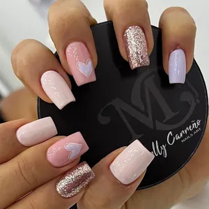 Lila Herz Aufdrückbare Nägel Mittellang Quadratisch Süß Rosa Lila Roségold Glitzer Abnehmbare Kunstnägel DIY Maniküre Damen