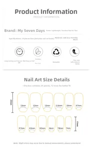 Detailed size chart for 24pcs press-on nails showing 12 different widths and heights