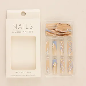Faux ongles ballerine longs bleus avec papillon, fleurs 3D et perles, kit de 24pcs