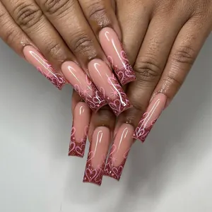 French Wine Red Heart Press On Nails Long Square Glitter Fake Nails Set With Glue And Jelly Glue For Women Valentine's Day Art