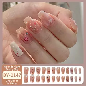 Handmade starry night press-on nails with pink glitter stars and heart charms (24pcs)
