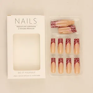 Long square burgundy heart French tip press on nails with glitter finish 24pcs set
