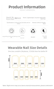 Detailed size chart for yellow bear press-on nails showing 24 pieces in 12 fit sizes