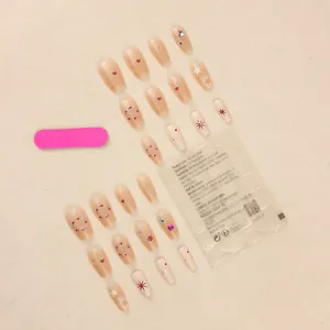 Handmade almond press-on nails set with heart and star patterns, 24pcs nude pink tips