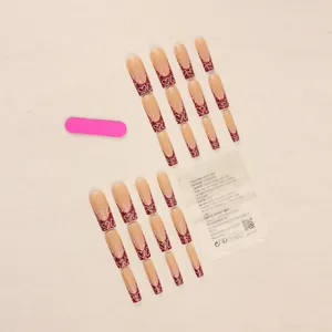 Long trapezoid press-on nail kit with burgundy hearts, glitter French tips and tools