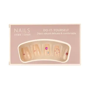 DIY 24pcs nude pink press-on nail kit with colorful rhinestones and heart star designs
