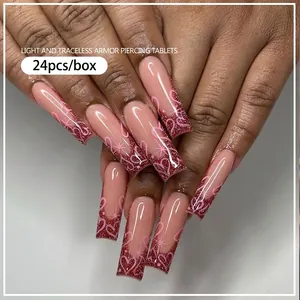24pcs long coffin press on nails featuring nude pink base with heart and star patterns