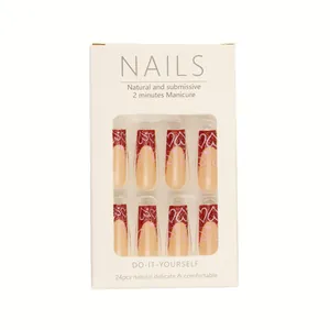 French wine red long square press-on nails with heart patterns and glitter detail