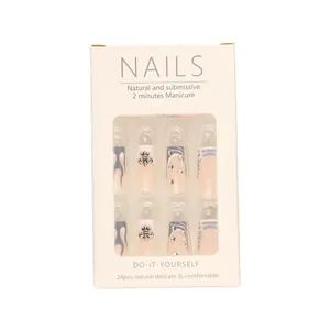 Grey flame false nails with rhinestones and silver cross charms in a 24pcs window box