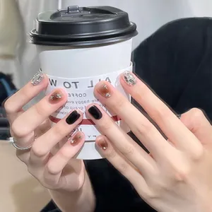 Handmade Wearable Fake Nails Set Autumn Winter Brown Black Gradient Press On Nails With Silver Rhinestones Star Decals Removable Reusable Manicure Art