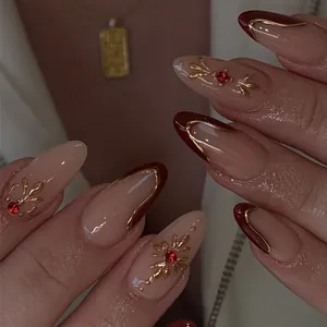 French Almond Press On Nails Burgundy Nude Pink Gold Relief Lines Rhinestones 3D Decorative False Nails For Women Jewelry